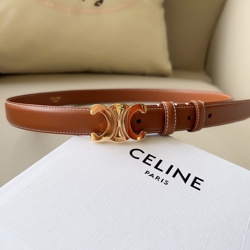 CELINE Medium Triomphe Belt 25mm Tan Calfskin White Line Finishing Ghw