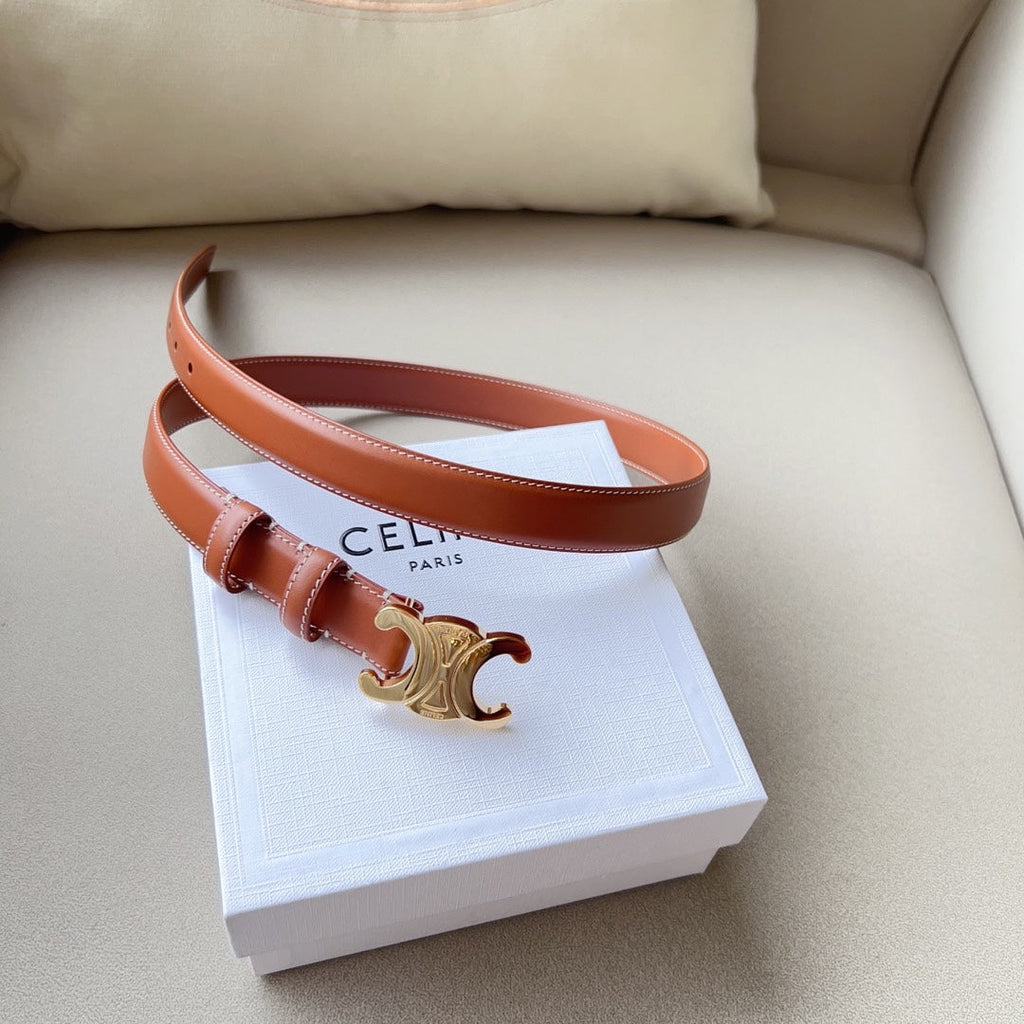 CELINE Medium Triomphe Belt 25mm Tan Calfskin White Line Finishing Ghw