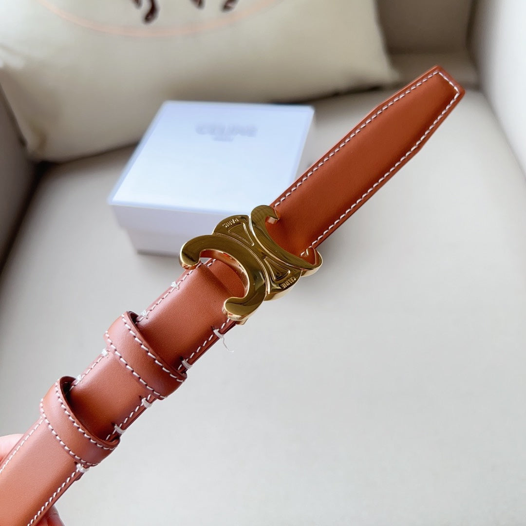 CELINE Medium Triomphe Belt 25mm Tan Calfskin White Line Finishing Ghw