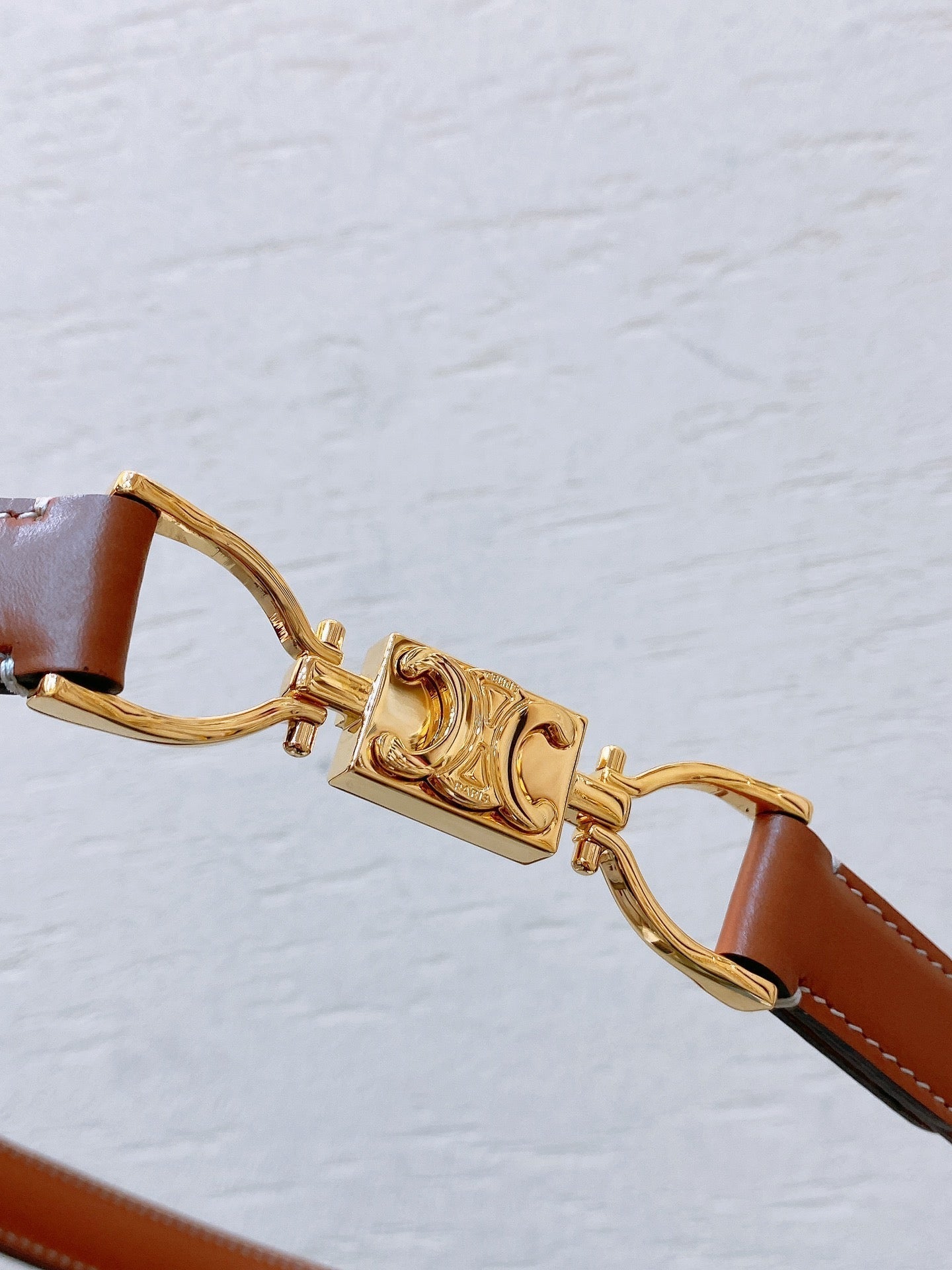 CELINE Hook & Loop 20mm TRIOMPHE Logo Square Adjustable Belt Tan Calfskin Ghw