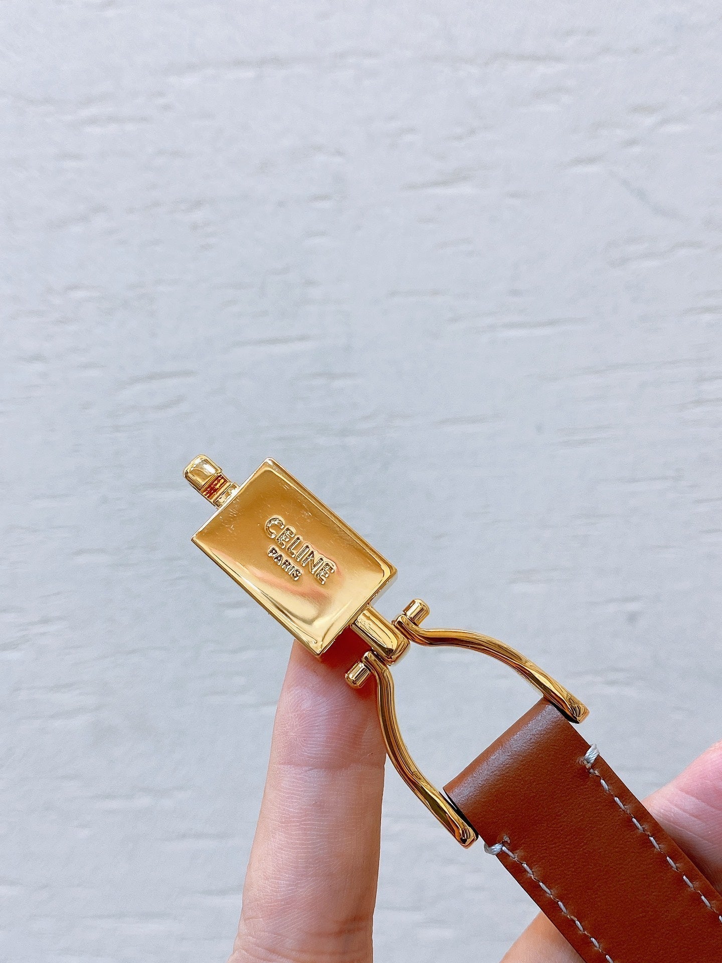 CELINE Hook & Loop 20mm TRIOMPHE Logo Square Adjustable Belt Tan Calfskin Ghw