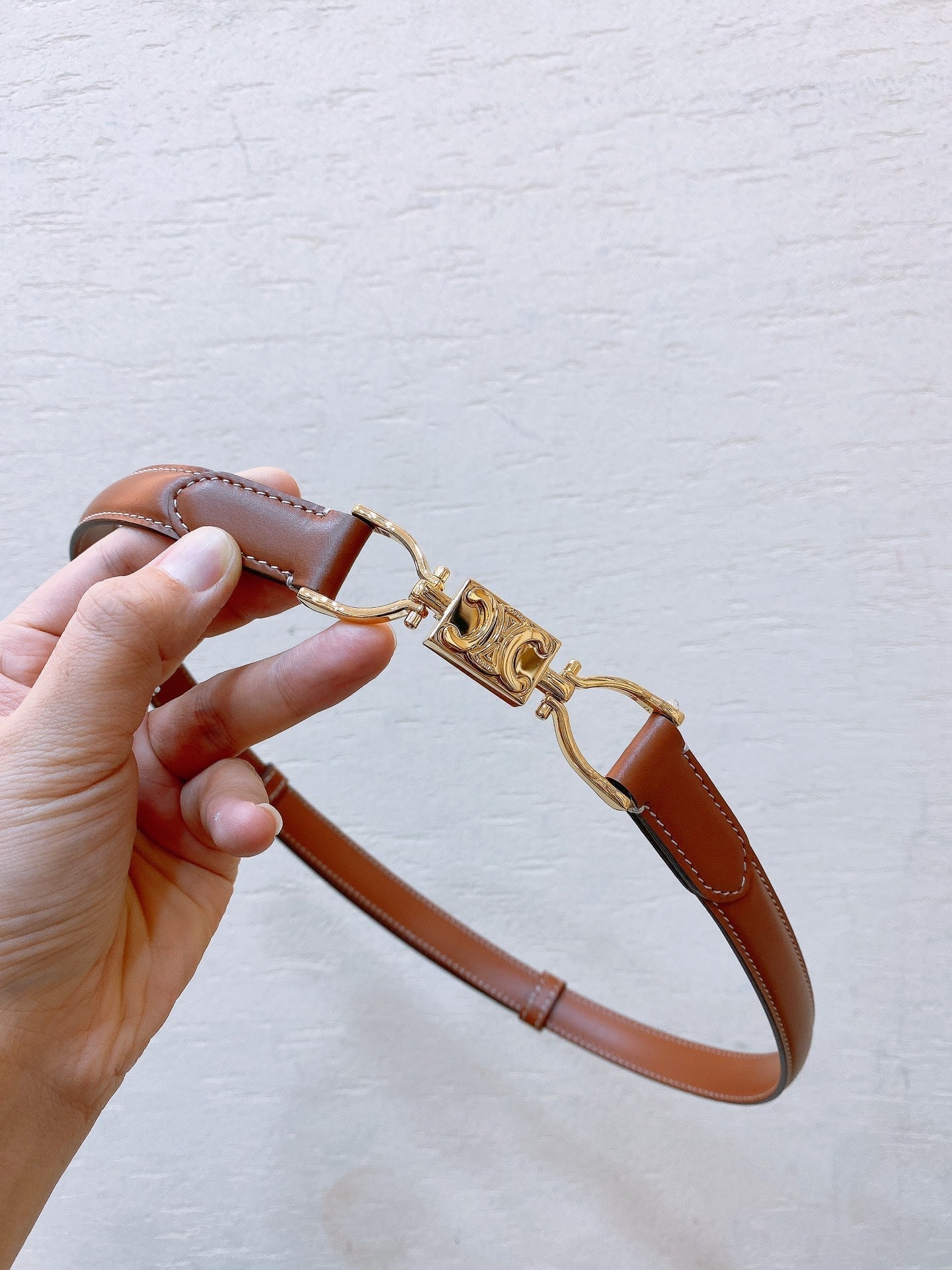 CELINE Hook & Loop 20mm TRIOMPHE Logo Square Adjustable Belt Tan Calfskin Ghw