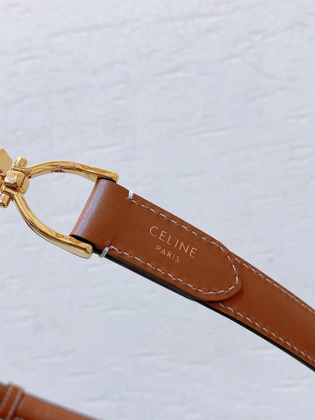 CELINE Hook & Loop 20mm TRIOMPHE Logo Square Adjustable Belt Tan Calfskin Ghw