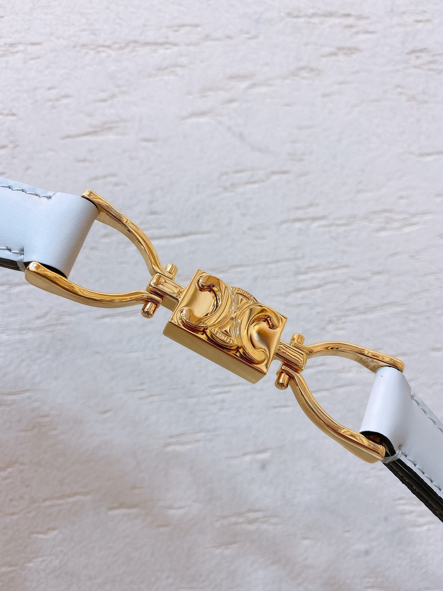 CELINE Hook & Loop 20mm TRIOMPHE Logo Square Adjustable Belt White Calfskin Ghw