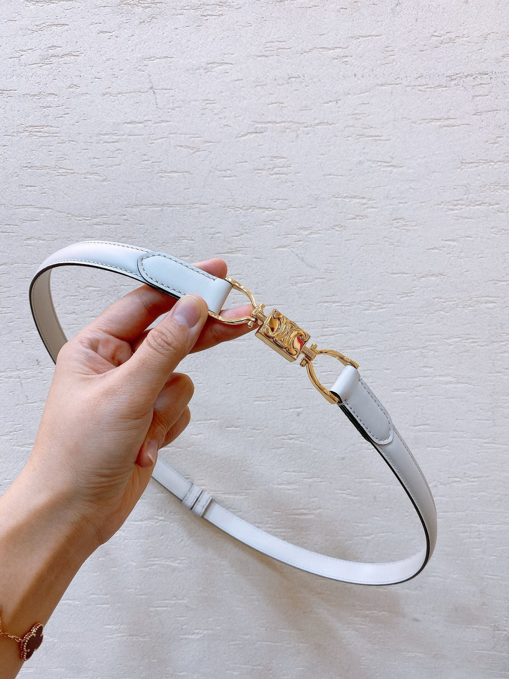 CELINE Hook & Loop 20mm TRIOMPHE Logo Square Adjustable Belt White Calfskin Ghw