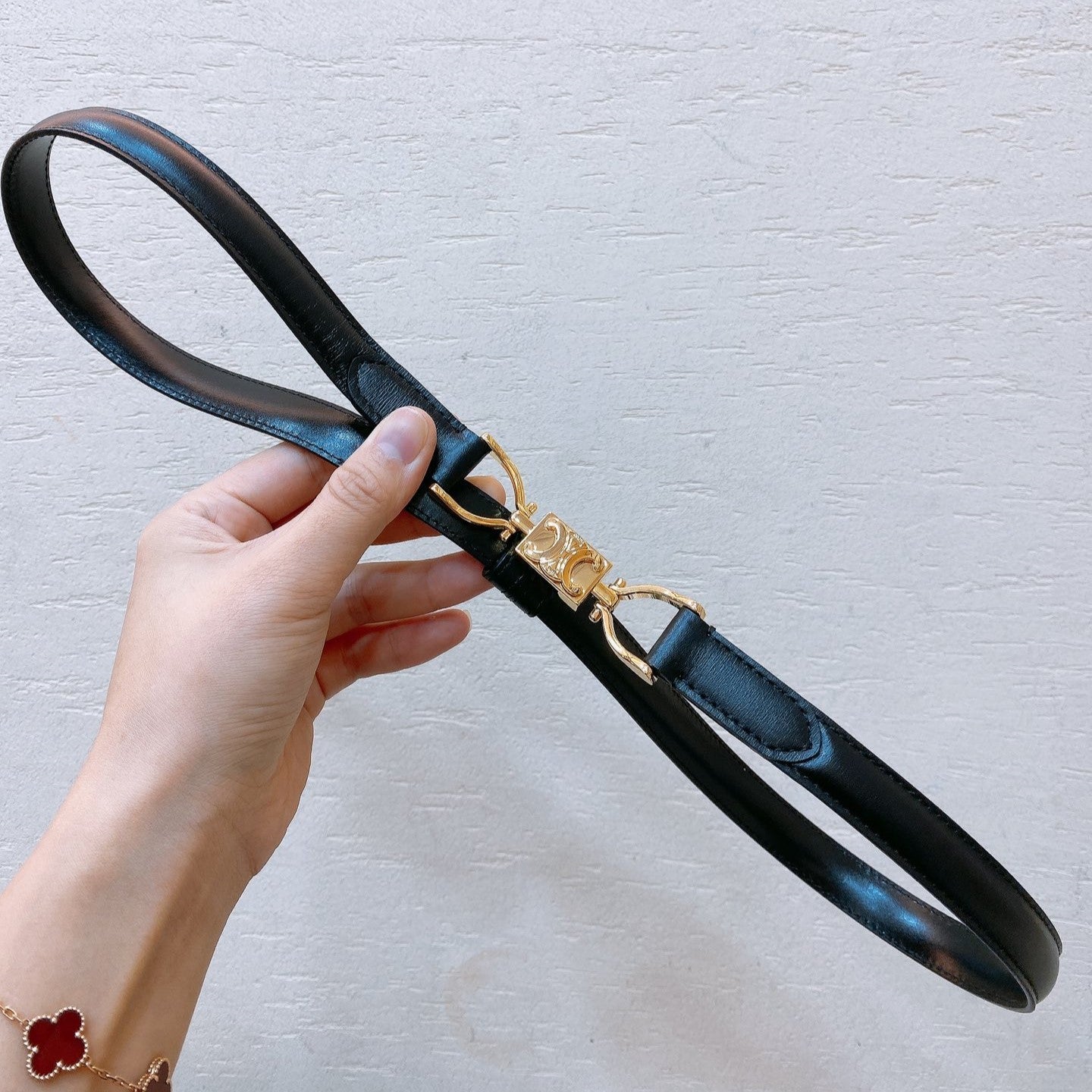 CELINE Hook & Loop 20mm TRIOMPHE Logo Square Adjustable Belt Black Calfskin Ghw