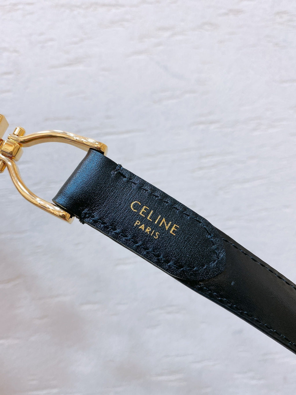 CELINE Hook & Loop 20mm TRIOMPHE Logo Square Adjustable Belt Black Calfskin Ghw