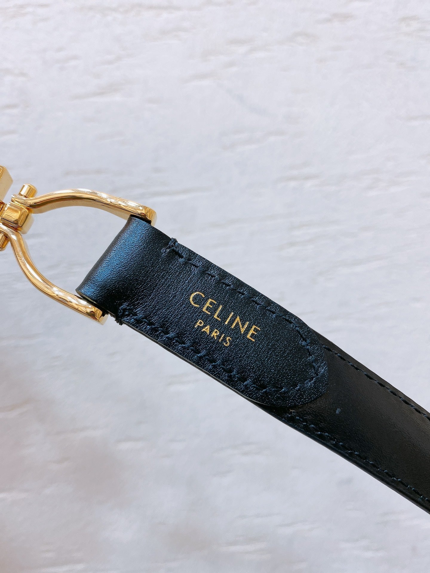 CELINE Hook & Loop 20mm TRIOMPHE Logo Square Adjustable Belt Black Calfskin Ghw