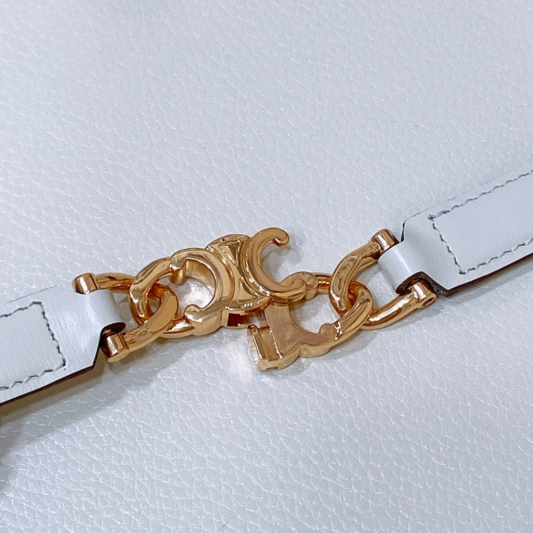 CELINE CL SMALL 18 MM GOURMETTE TRIOMPHE ADJUSTABLE BELT IN WHITE LEATHER GOLD HARDWARE