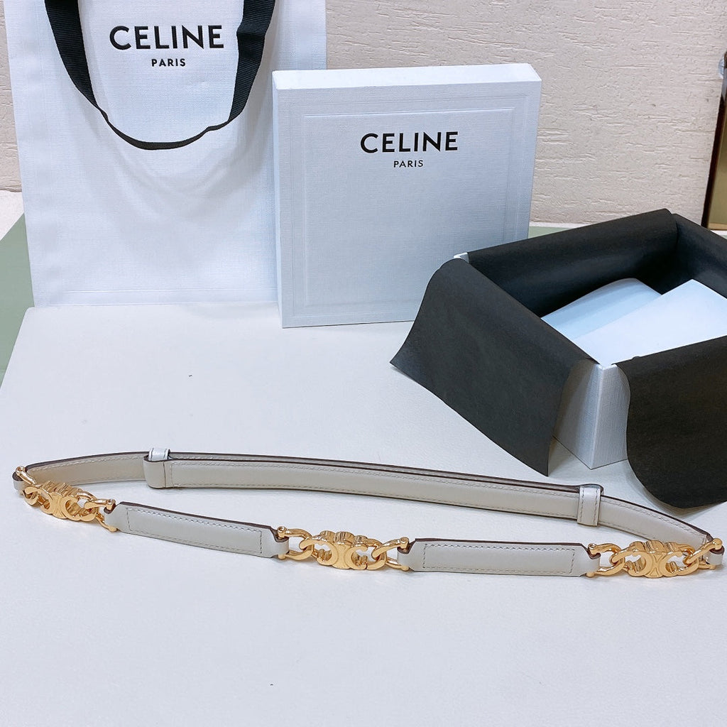 CELINE CL SMALL 18 MM GOURMETTE TRIOMPHE ADJUSTABLE BELT IN WHITE LEATHER GOLD HARDWARE