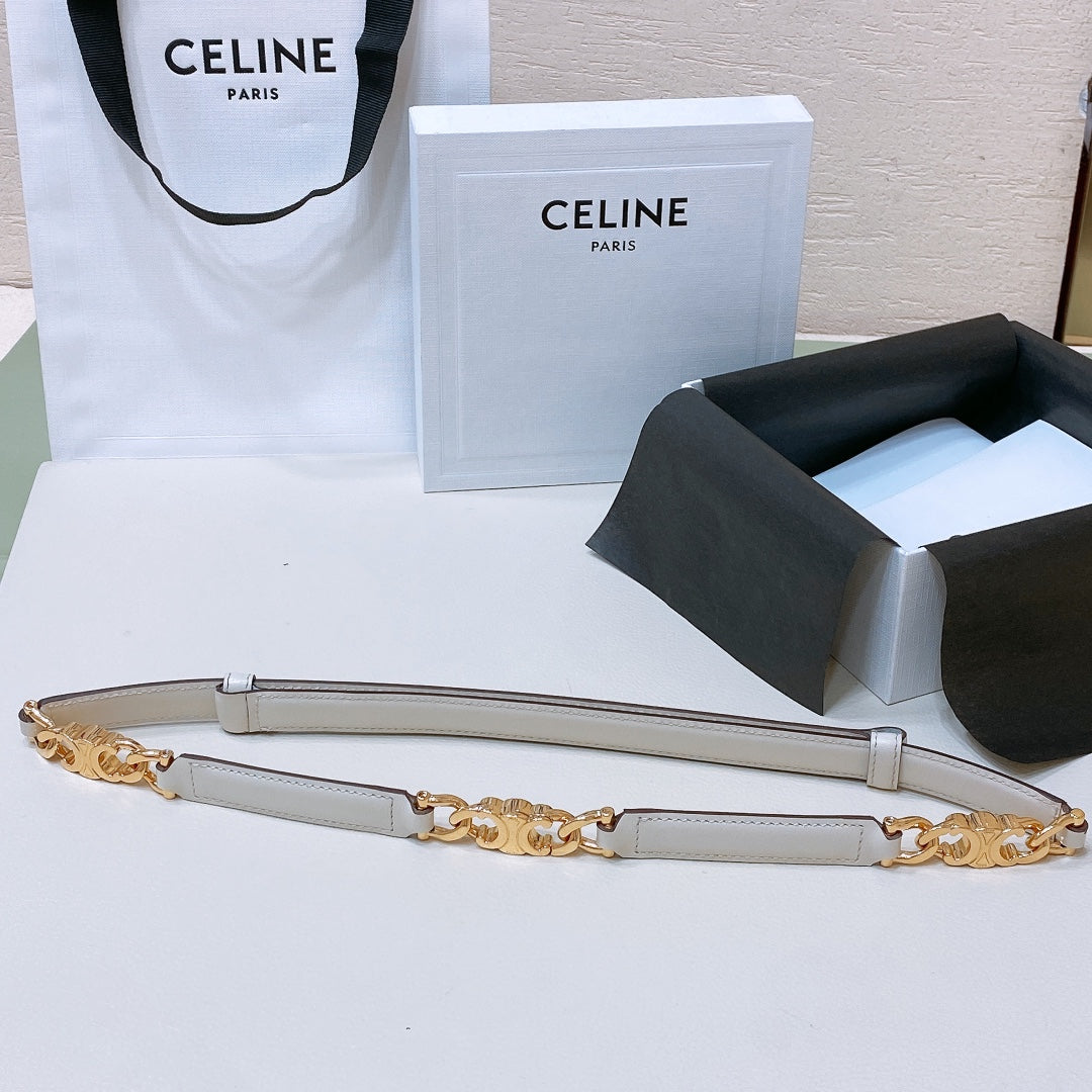 CELINE CL SMALL 18 MM GOURMETTE TRIOMPHE ADJUSTABLE BELT IN WHITE LEATHER GOLD HARDWARE