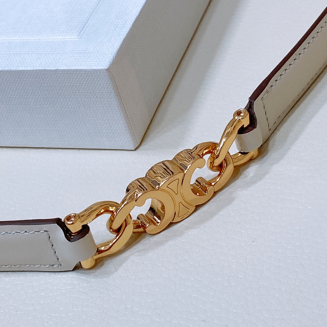 CELINE CL SMALL 18 MM GOURMETTE TRIOMPHE ADJUSTABLE BELT IN WHITE LEATHER GOLD HARDWARE