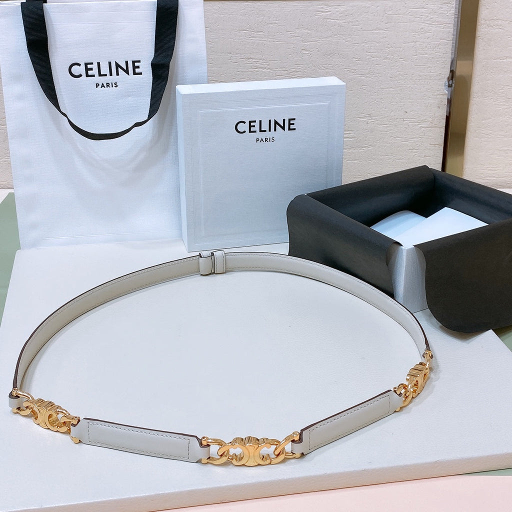 CELINE CL SMALL 18 MM GOURMETTE TRIOMPHE ADJUSTABLE BELT IN WHITE LEATHER GOLD HARDWARE