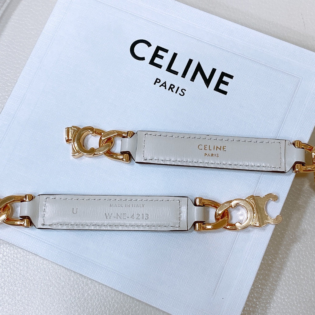 CELINE CL SMALL 18 MM GOURMETTE TRIOMPHE ADJUSTABLE BELT IN WHITE LEATHER GOLD HARDWARE