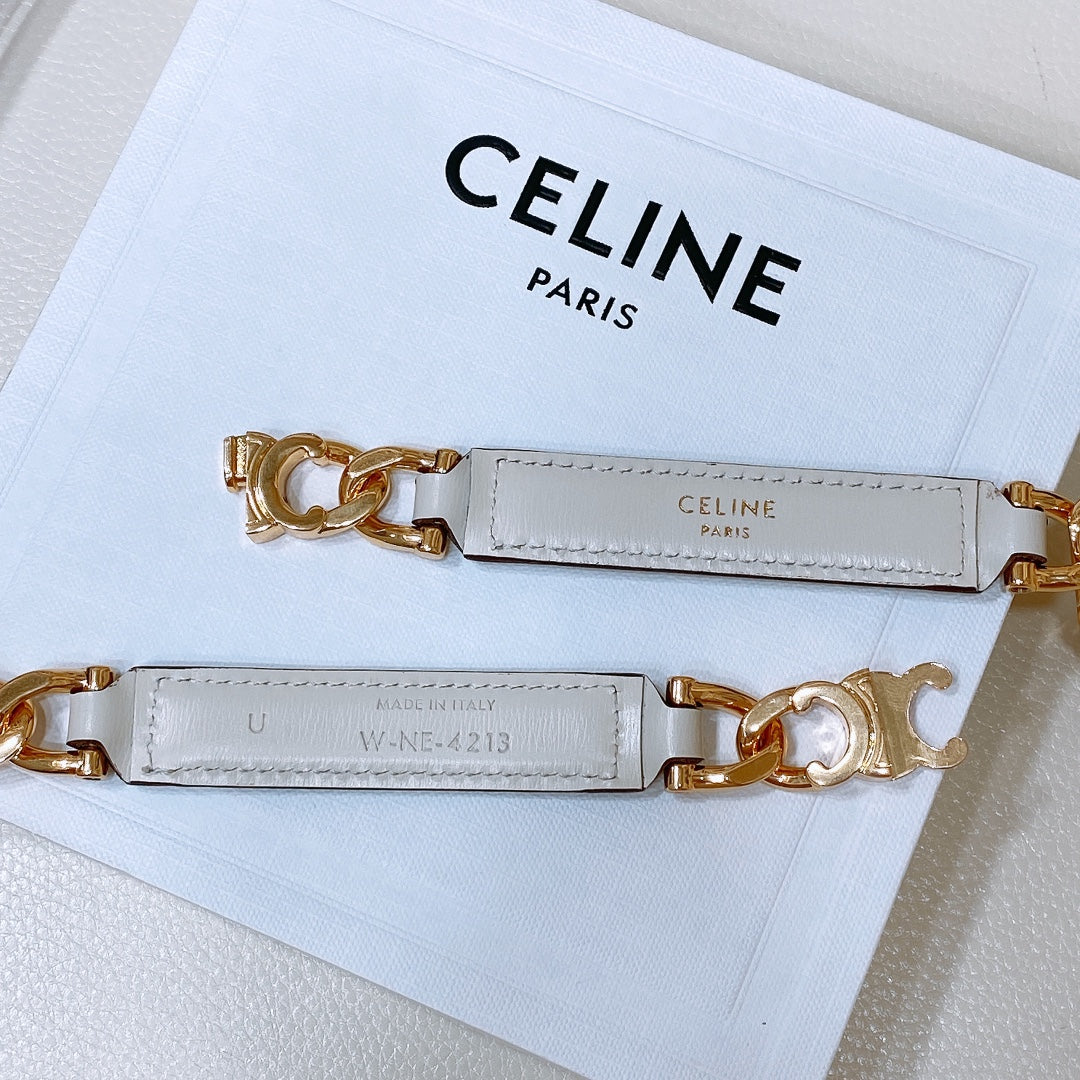 CELINE CL SMALL 18 MM GOURMETTE TRIOMPHE ADJUSTABLE BELT IN WHITE LEATHER GOLD HARDWARE