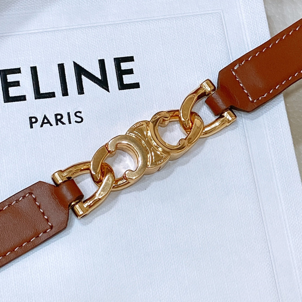 CELINE CL SMALL 18 MM GOURMETTE TRIOMPHE ADJUSTABLE BELT IN BRONZE BROWN LEATHER GOLD HARDWARE