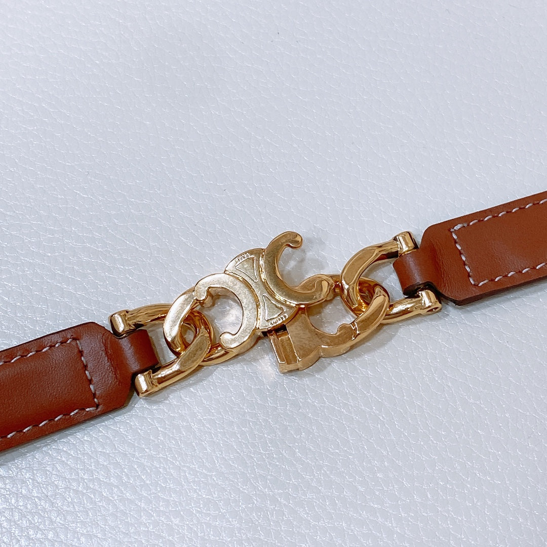 CELINE CL SMALL 18 MM GOURMETTE TRIOMPHE ADJUSTABLE BELT IN BRONZE BROWN LEATHER GOLD HARDWARE