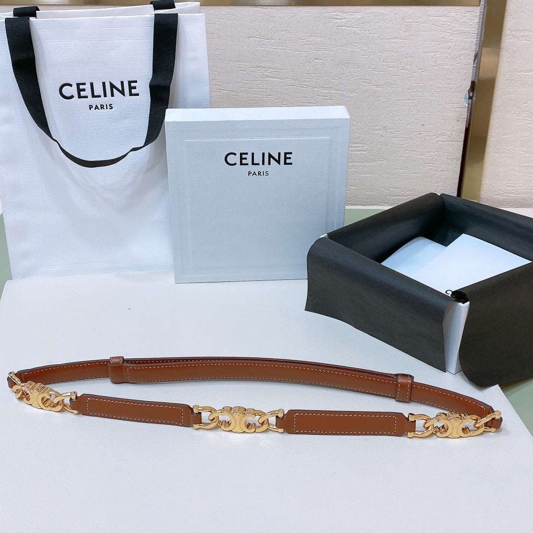 CELINE CL SMALL 18 MM GOURMETTE TRIOMPHE ADJUSTABLE BELT IN BRONZE BROWN LEATHER GOLD HARDWARE