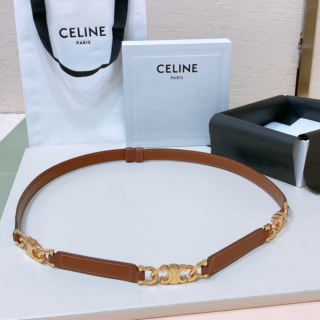 CELINE CL SMALL 18 MM GOURMETTE TRIOMPHE ADJUSTABLE BELT IN BRONZE BROWN LEATHER GOLD HARDWARE