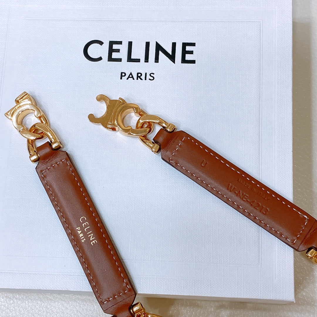 CELINE CL SMALL 18 MM GOURMETTE TRIOMPHE ADJUSTABLE BELT IN BRONZE BROWN LEATHER GOLD HARDWARE