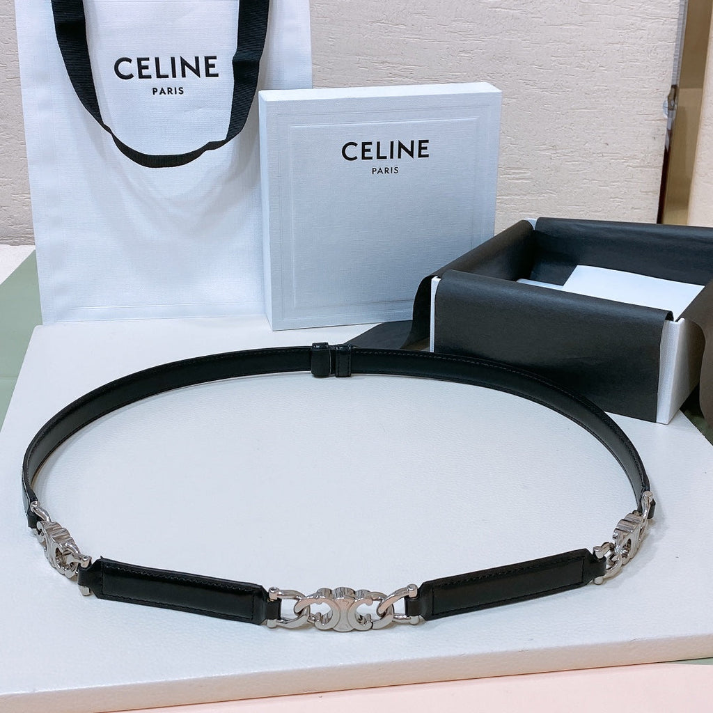 CELINE SMALL 18 MM GOURMETTE TRIOMPHE ADJUSTABLE BELT IN BLACK LEATHER SILVER HARDWARE