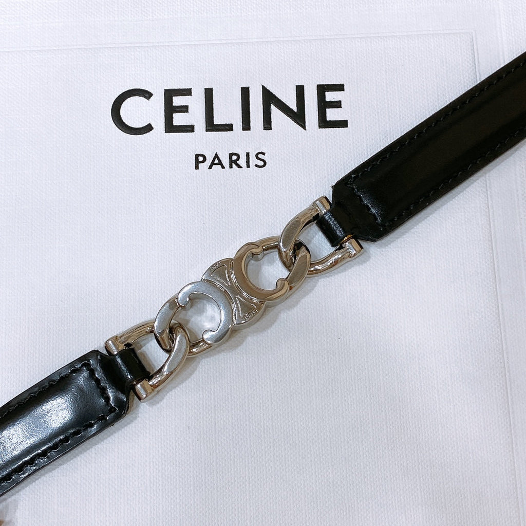 CELINE SMALL 18 MM GOURMETTE TRIOMPHE ADJUSTABLE BELT IN BLACK LEATHER SILVER HARDWARE