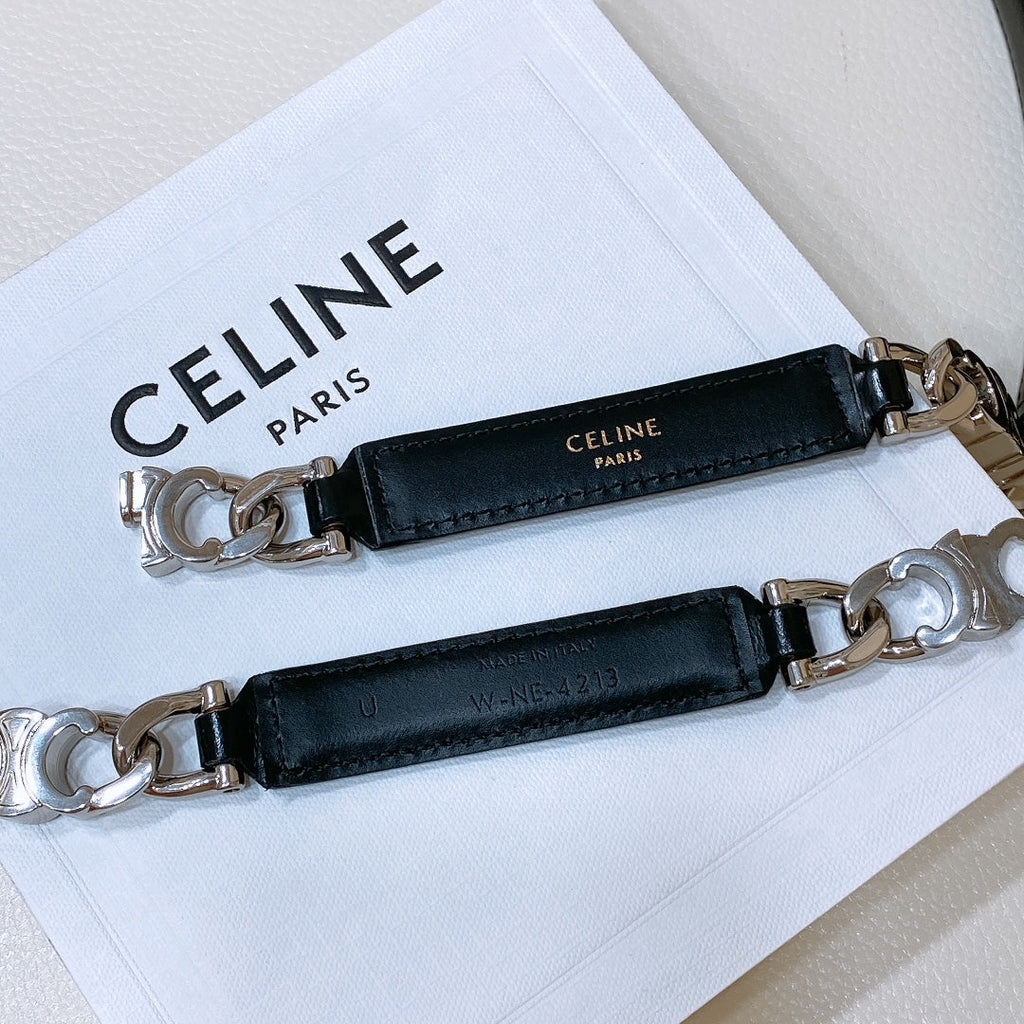 CELINE SMALL 18 MM GOURMETTE TRIOMPHE ADJUSTABLE BELT IN BLACK LEATHER SILVER HARDWARE