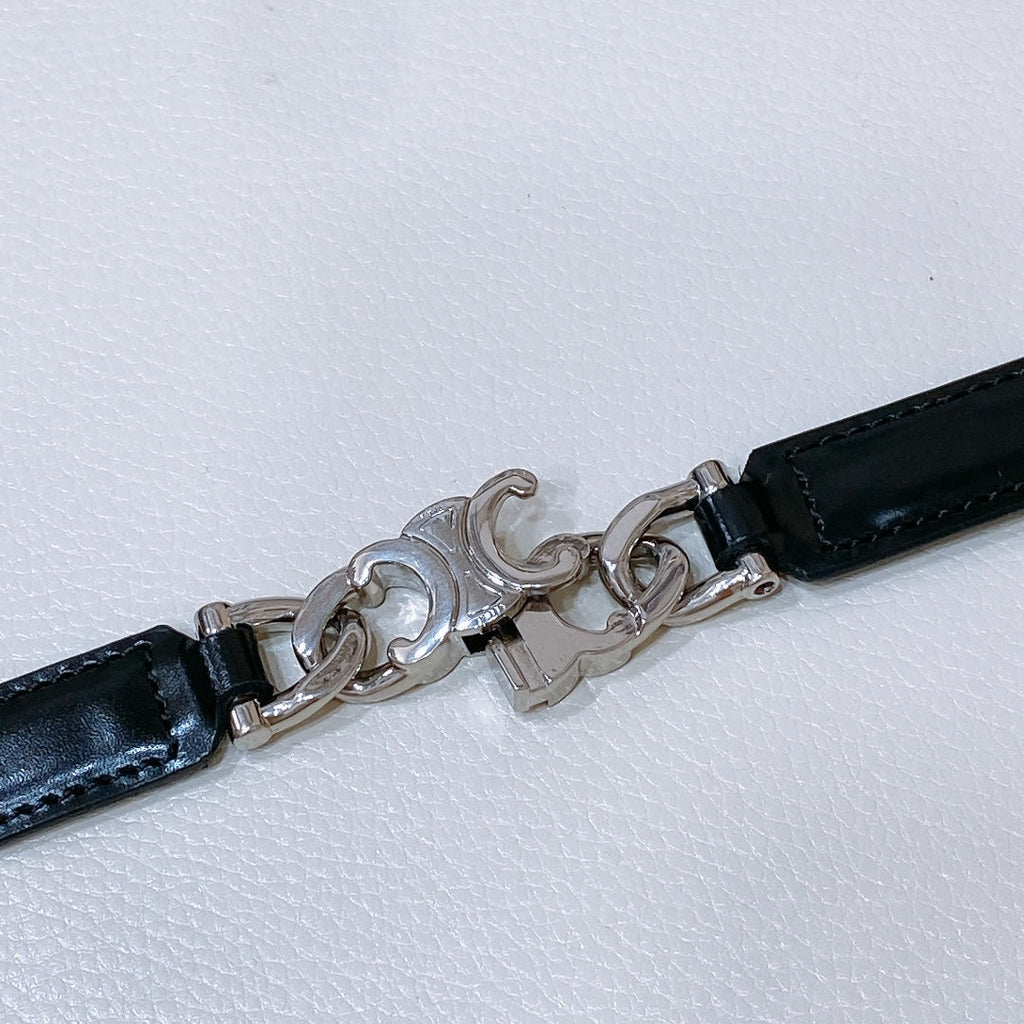 CELINE SMALL 18 MM GOURMETTE TRIOMPHE ADJUSTABLE BELT IN BLACK LEATHER SILVER HARDWARE