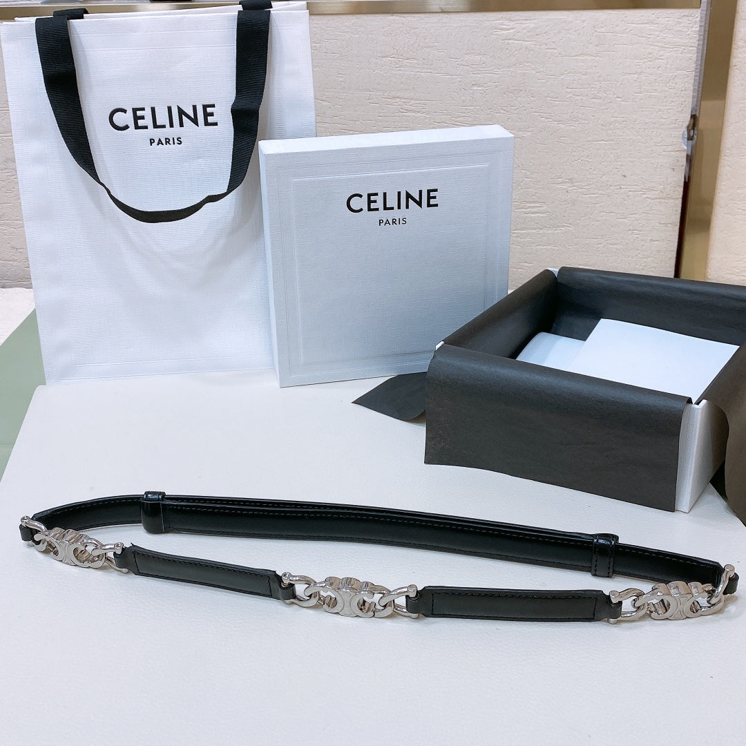 CELINE SMALL 18 MM GOURMETTE TRIOMPHE ADJUSTABLE BELT IN BLACK LEATHER SILVER HARDWARE