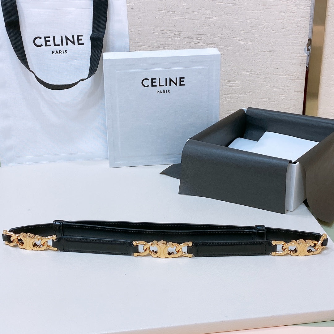 CELINE SMALL 18 MM GOURMETTE TRIOMPHE ADJUSTABLE BELT IN BLACK LEATHER GOLD HARDWARE
