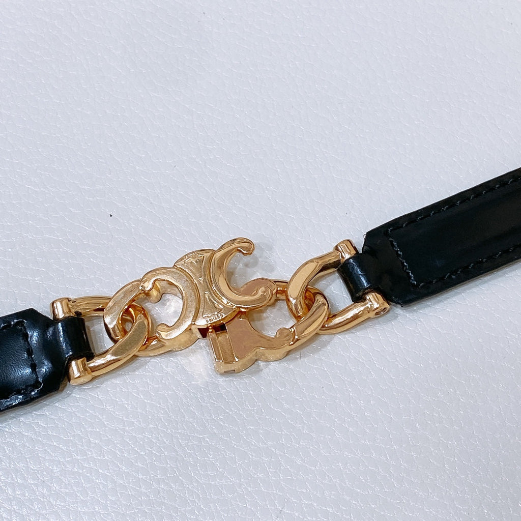 CELINE SMALL 18 MM GOURMETTE TRIOMPHE ADJUSTABLE BELT IN BLACK LEATHER GOLD HARDWARE