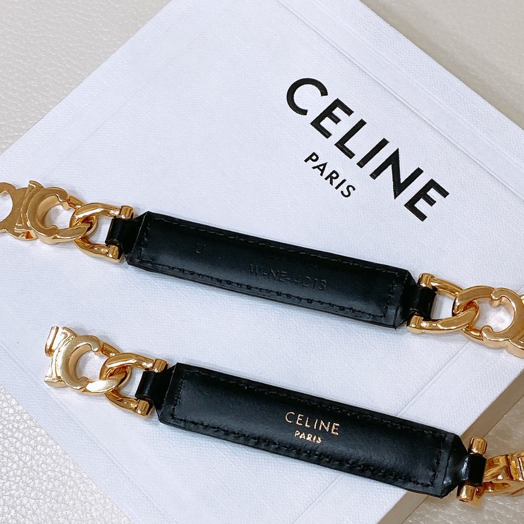 CELINE SMALL 18 MM GOURMETTE TRIOMPHE ADJUSTABLE BELT IN BLACK LEATHER GOLD HARDWARE
