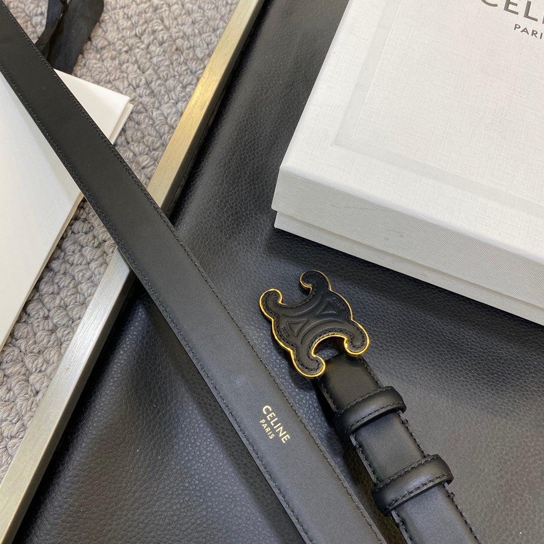 CELINE TRIOMPHE BELT 25MM IN BLACK CALFSKIN WITH LEATHER-COVERED BUCKLE