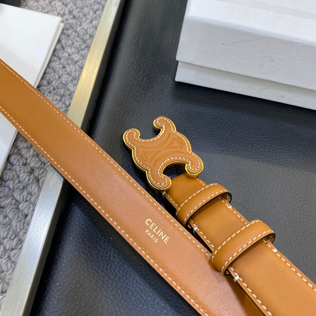 CELINE TRIOMPHE BELT 25MM IN BROWN CALFSKIN WITH LEATHER-COVERED BUCKLE AND WHITE STITCHING