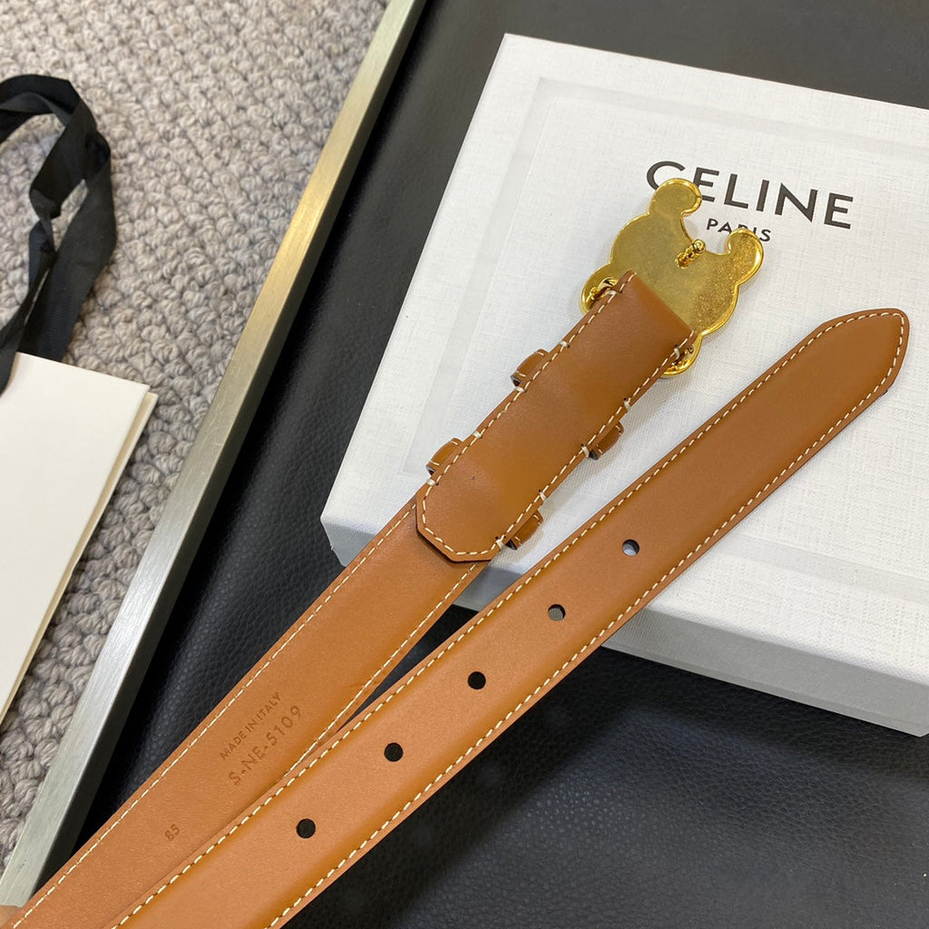 CELINE TRIOMPHE BELT 25MM IN BROWN CALFSKIN WITH LEATHER-COVERED BUCKLE AND WHITE STITCHING