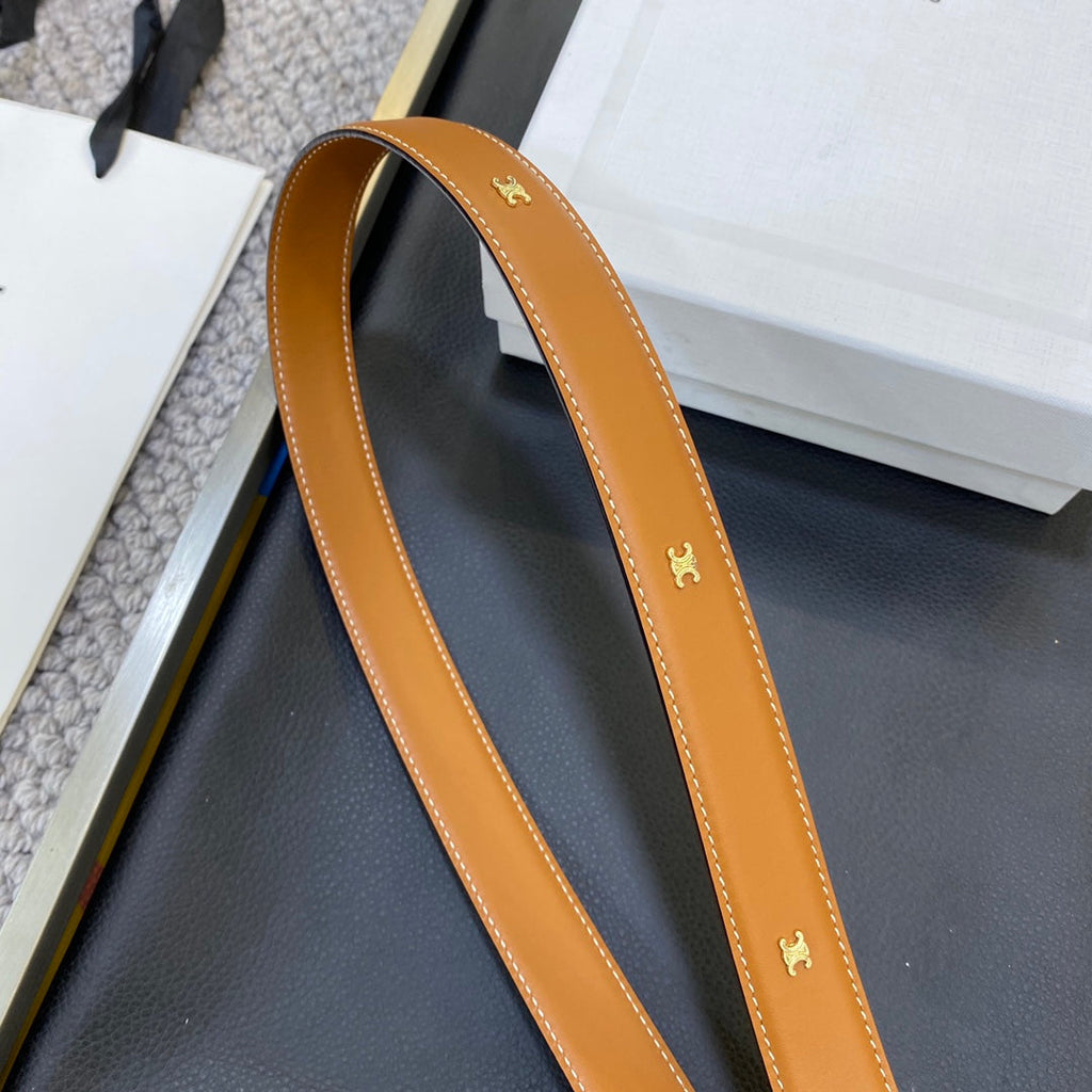 CELINE TRIOMPHE BELT 25MM IN BROWN CALFSKIN WITH LEATHER-COVERED BUCKLE AND WHITE STITCHING