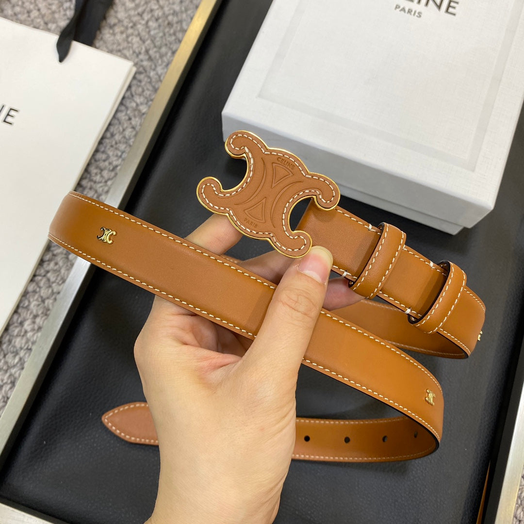 CELINE TRIOMPHE BELT 25MM IN BROWN CALFSKIN WITH LEATHER-COVERED BUCKLE AND WHITE STITCHING