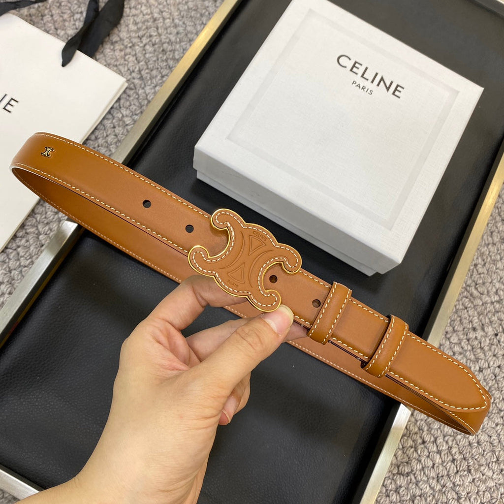 CELINE TRIOMPHE BELT 25MM IN BROWN CALFSKIN WITH LEATHER-COVERED BUCKLE AND WHITE STITCHING