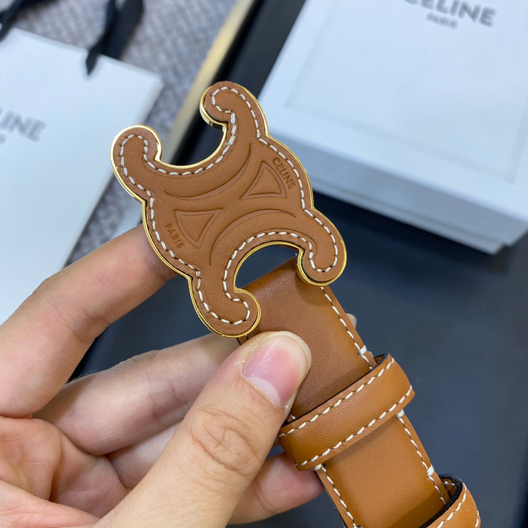 CELINE TRIOMPHE BELT 25MM IN BROWN CALFSKIN WITH LEATHER-COVERED BUCKLE AND WHITE STITCHING
