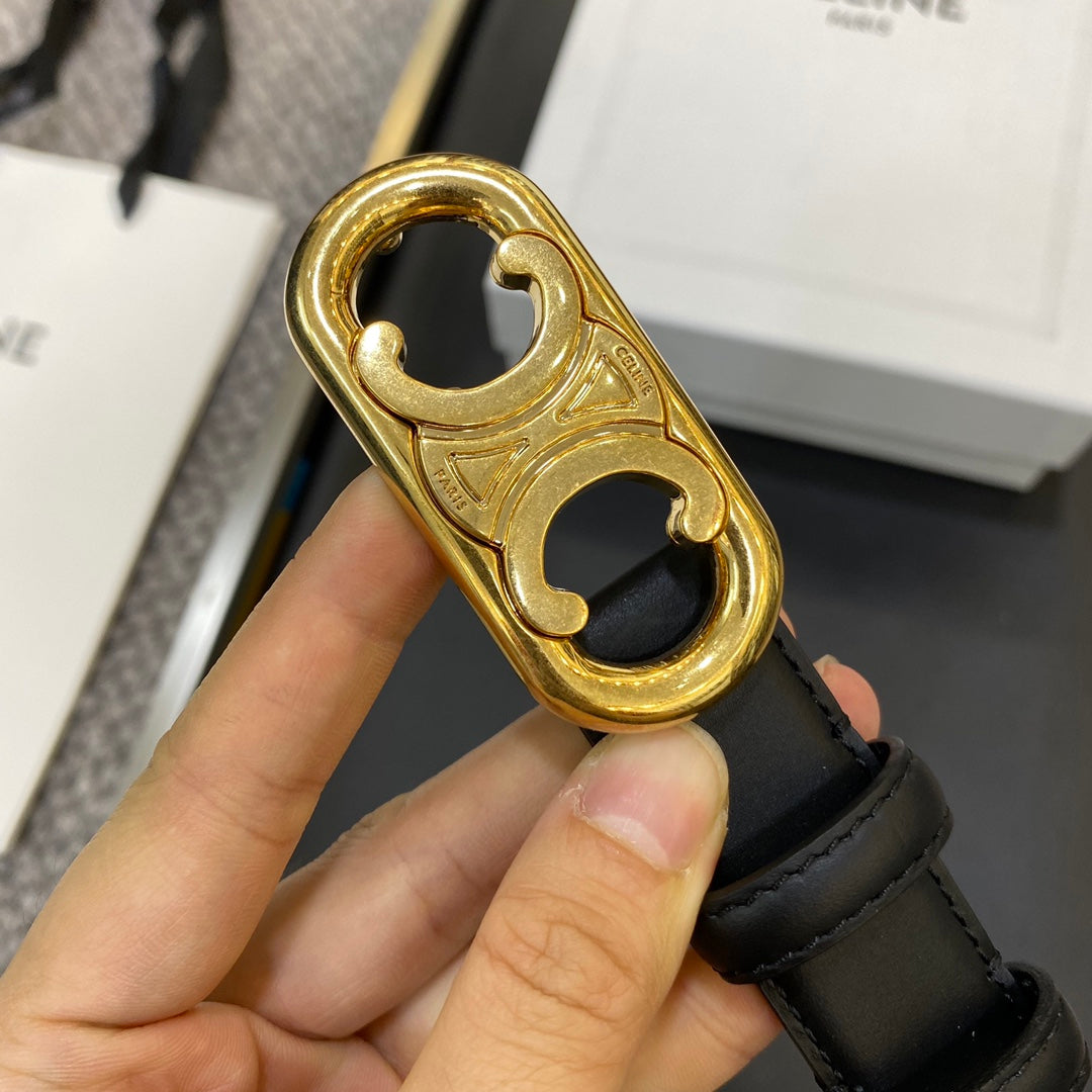 CELINE TRIOMPHE BELT 25MM IN BLACK CALFSKIN OVAL BUCKLE AND ENGRAVED LOGO