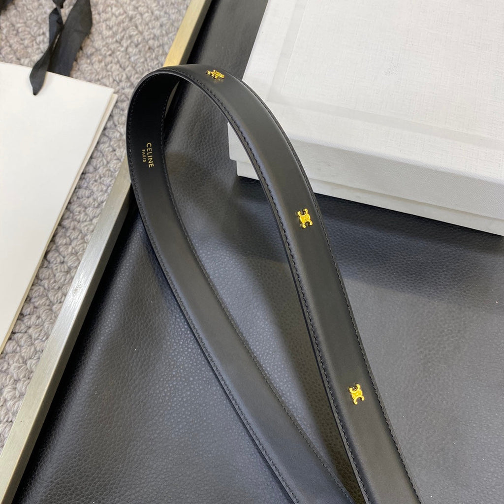 CELINE TRIOMPHE BELT 25MM IN BLACK CALFSKIN OVAL BUCKLE AND ENGRAVED LOGO