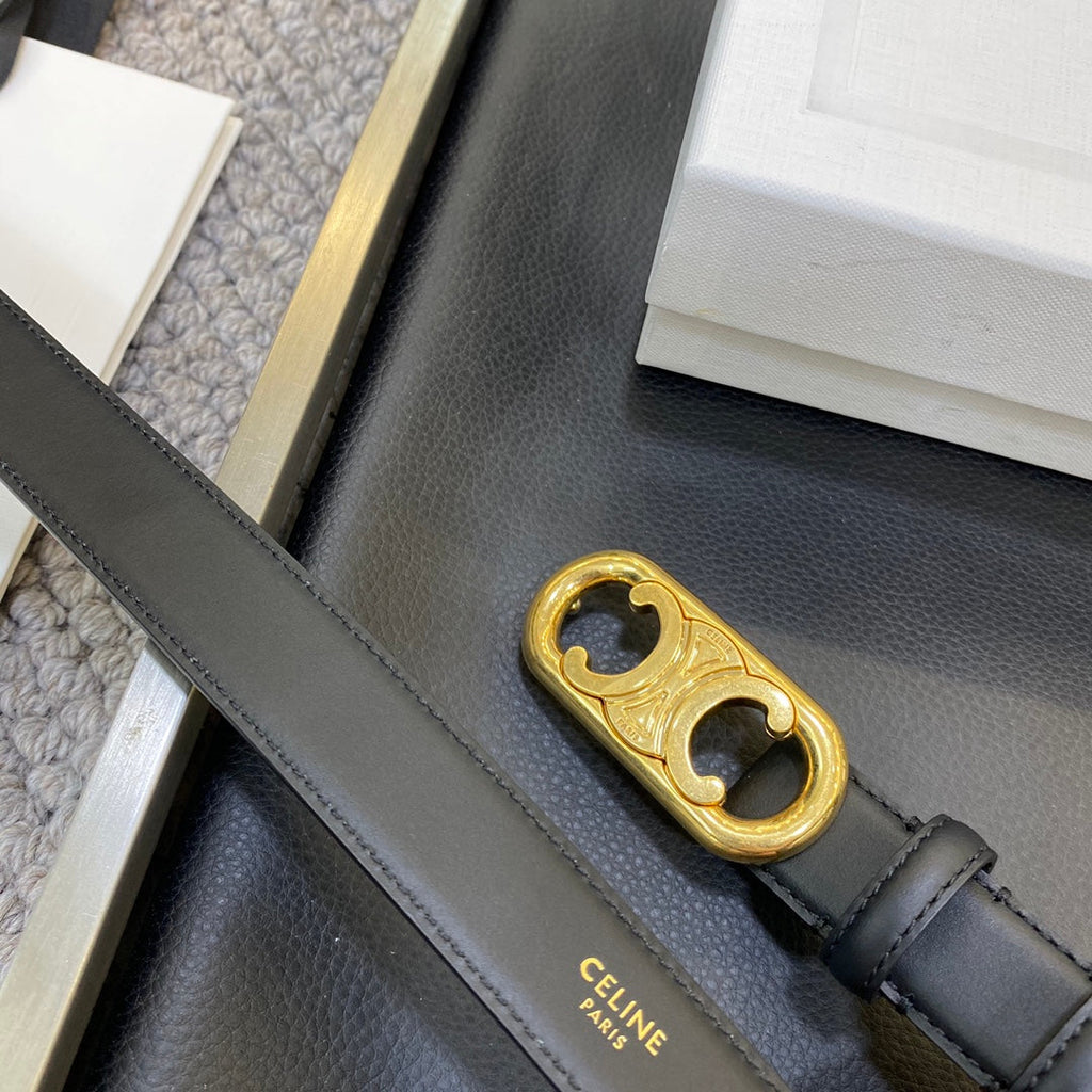 CELINE TRIOMPHE BELT 25MM IN BLACK CALFSKIN OVAL BUCKLE AND ENGRAVED LOGO