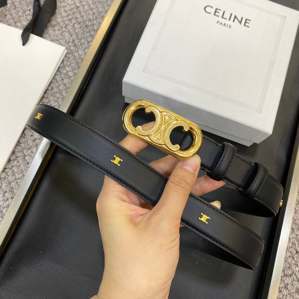 CELINE TRIOMPHE BELT 25MM IN BLACK CALFSKIN OVAL BUCKLE AND ENGRAVED LOGO