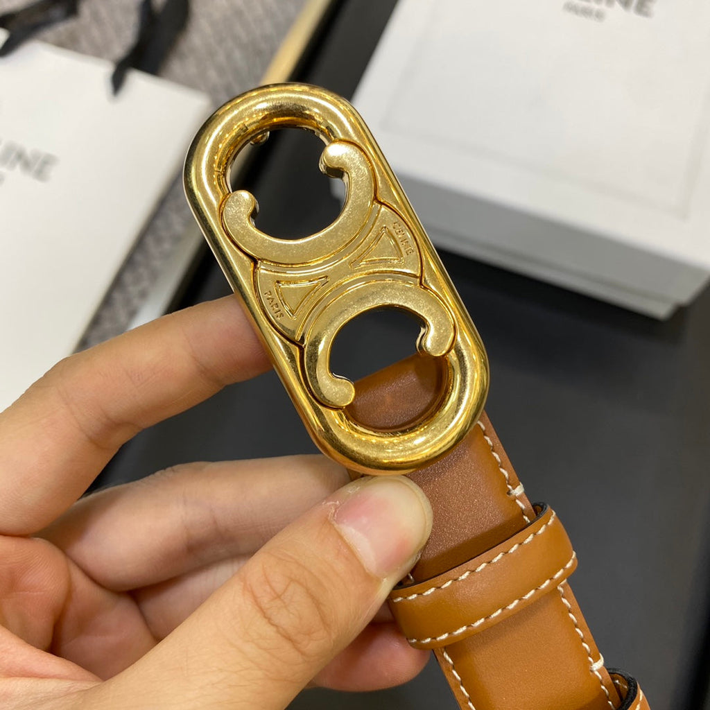 CELINE TRIOMPHE BELT 25MM IN BROWN CALFSKIN OVAL BUCKLE AND ENGRAVED LOGO