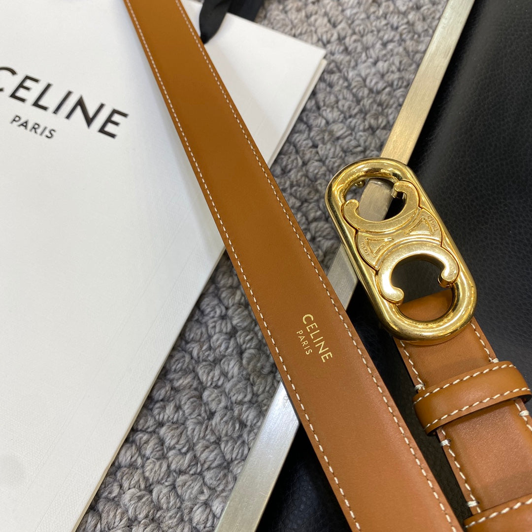 CELINE TRIOMPHE BELT 25MM IN BROWN CALFSKIN OVAL BUCKLE AND ENGRAVED LOGO