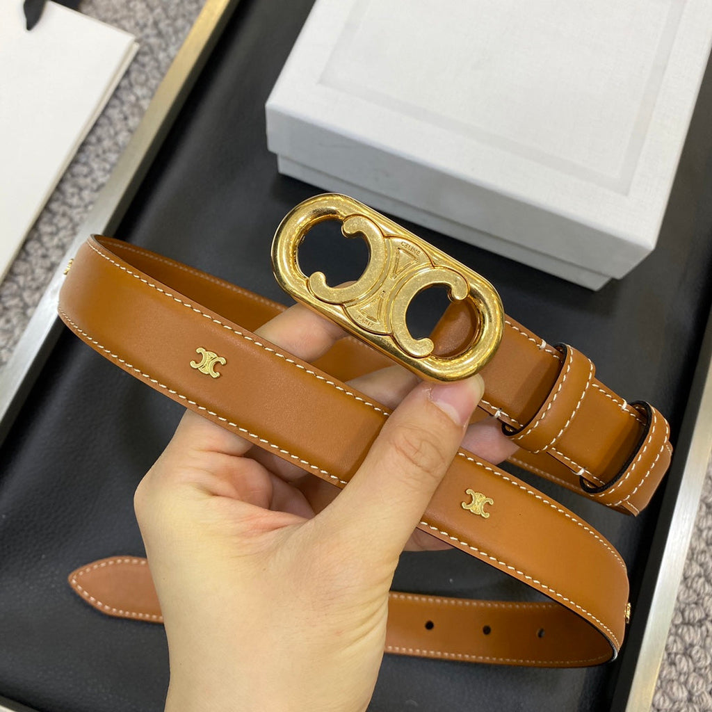 CELINE TRIOMPHE BELT 25MM IN BROWN CALFSKIN OVAL BUCKLE AND ENGRAVED LOGO