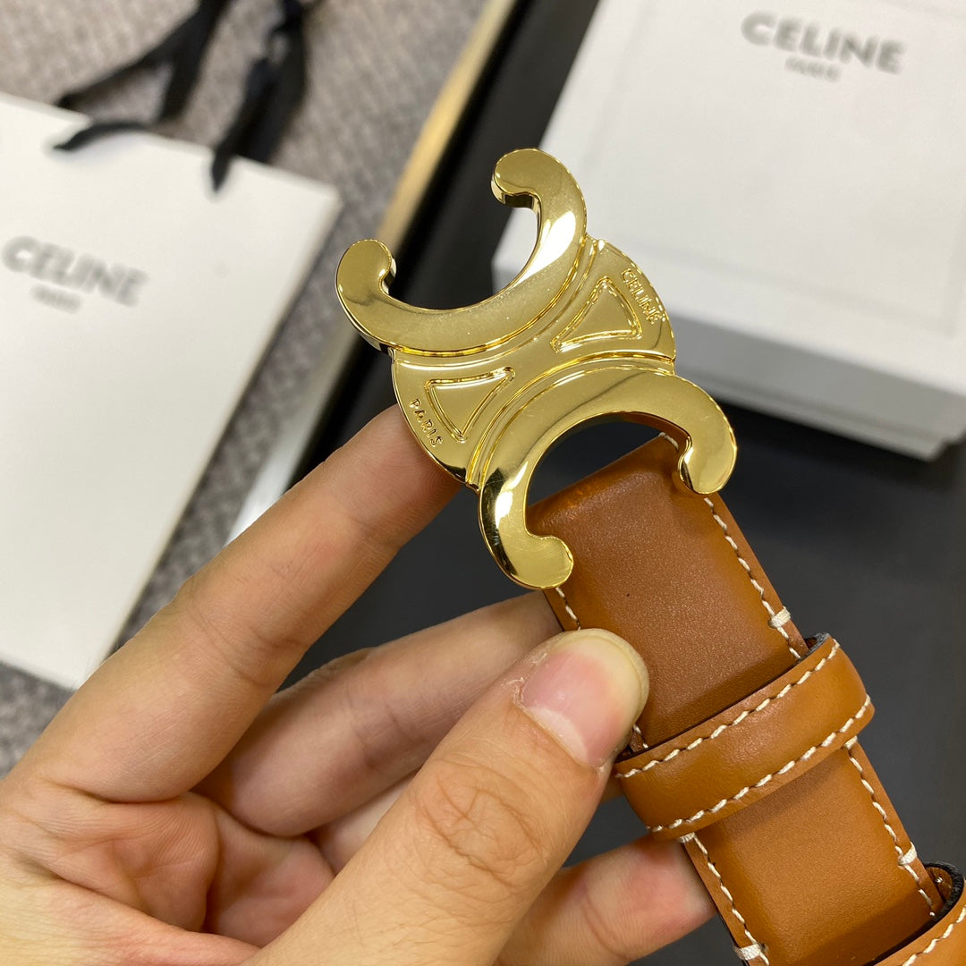 CELINE TRIOMPHE BELT 25MM IN BROWN CALFSKIN GOLD BUCKLE GOLD LOGO