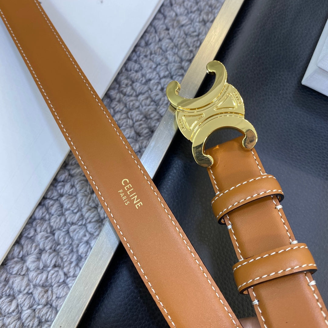 CELINE TRIOMPHE BELT 25MM IN BROWN CALFSKIN GOLD BUCKLE GOLD LOGO