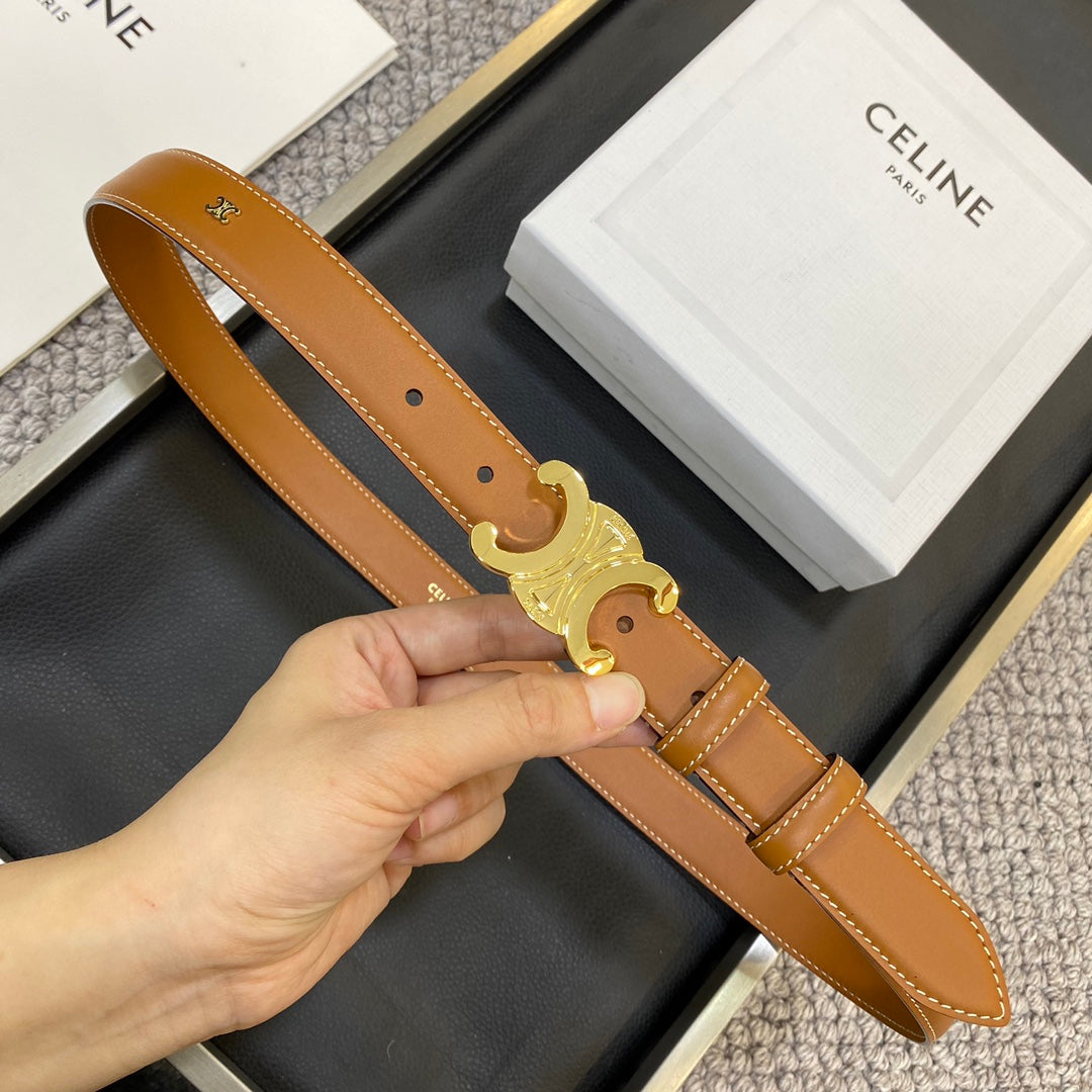 CELINE TRIOMPHE BELT 25MM IN BROWN CALFSKIN GOLD BUCKLE GOLD LOGO