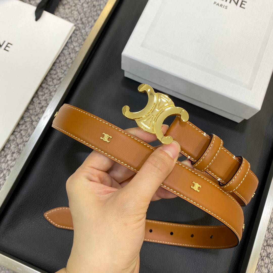 CELINE TRIOMPHE BELT 25MM IN BROWN CALFSKIN GOLD BUCKLE GOLD LOGO